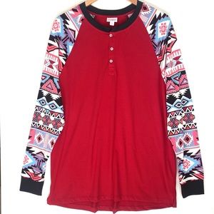 (A53) NEW LuLaroe Mark long-sleeve with Aztec printed sleeves Tee, Sz XL, NWOT